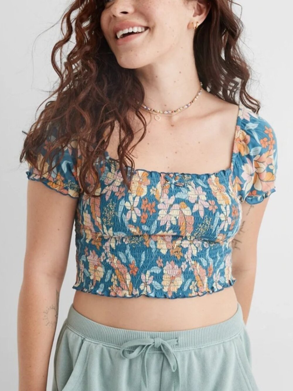 Aerie Floral Smocked Puff Sleeve Crop Top Blue Size Medium Boho Feminine Retro